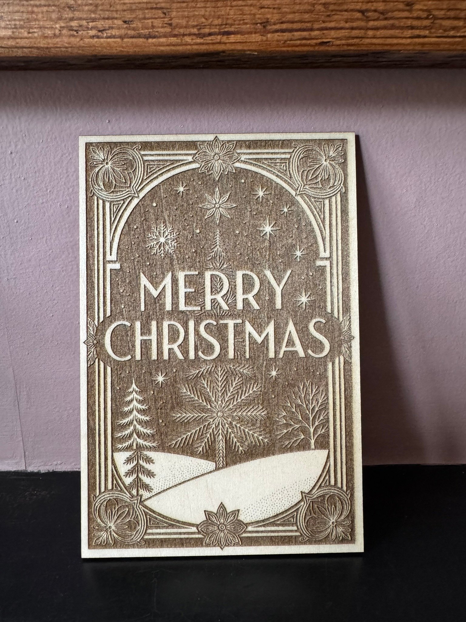Wooden Merry Christmas card with engraved details